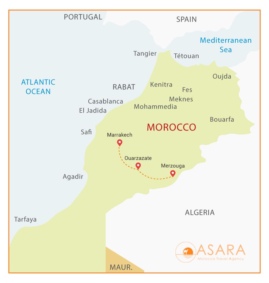 map 3 days tours from Marrakech to Merzouga