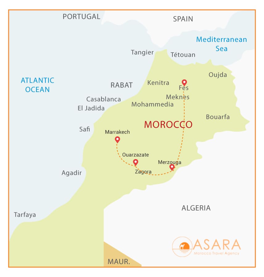 Map 3 Days Tour from Marrakech to Fes